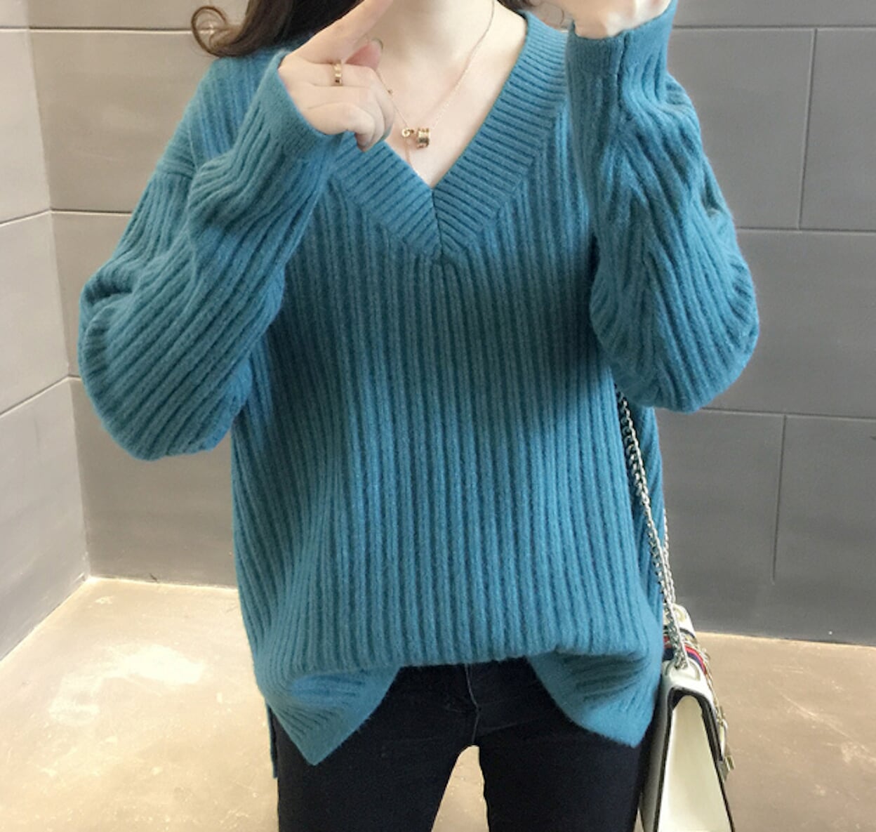 Ribbed Knit Sweater for Women with a V-Neck Design