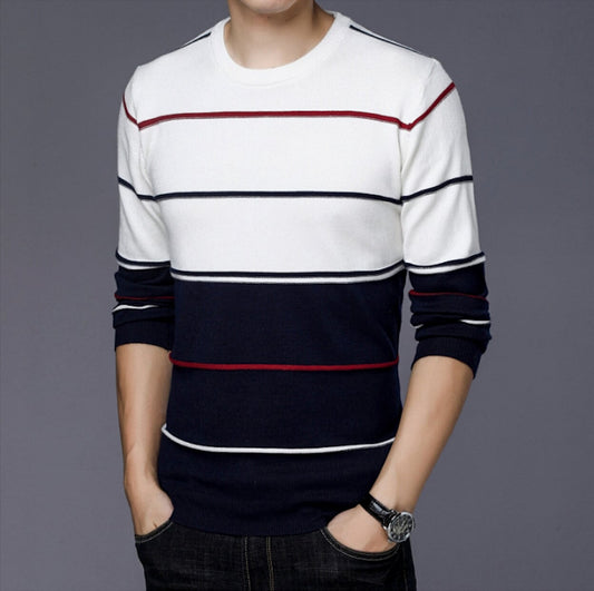 Two-Toned Striped Men's Sweater with Round Neck