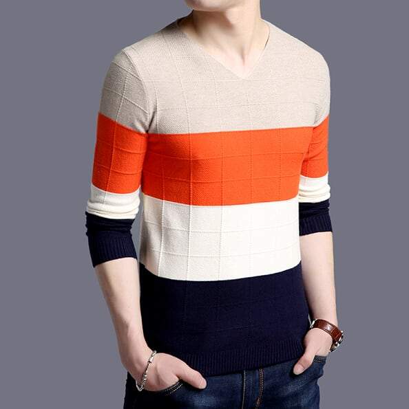 Color Block Sweater for Men with a V-Neck