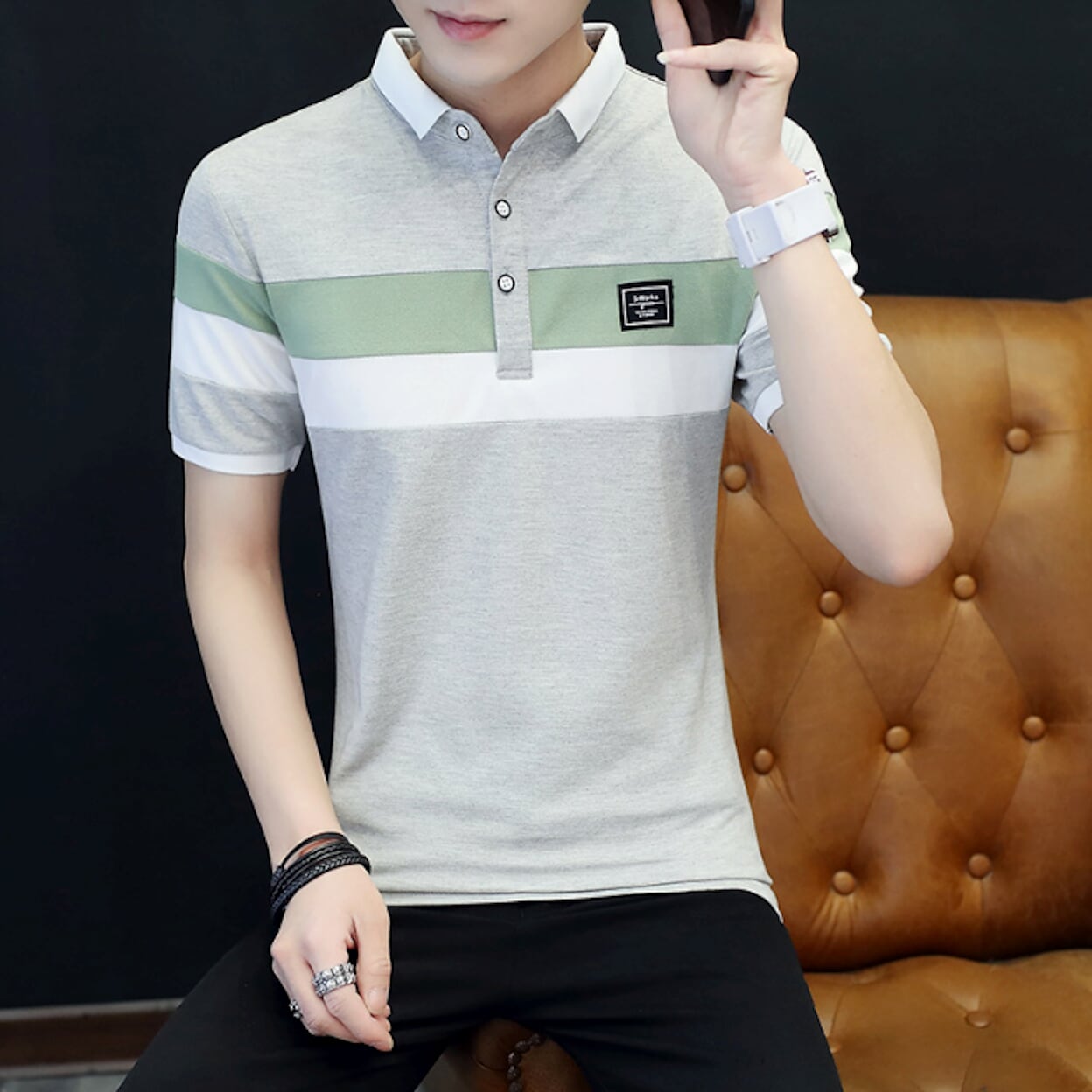 Slim Fit Wide Striped Polo Shirt for Men with Solid Back Panel