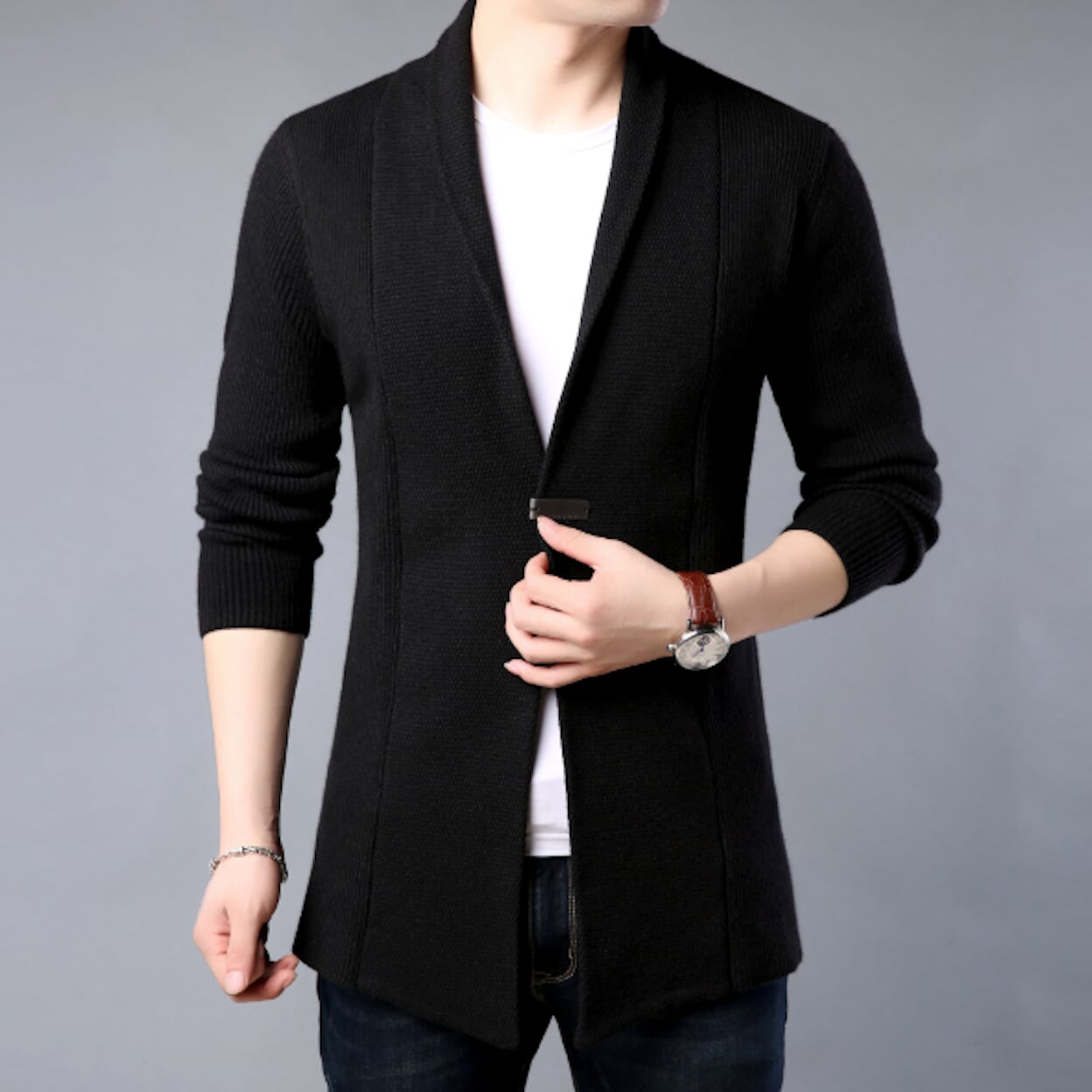 Brown Mid Length Men's Open Cardigan