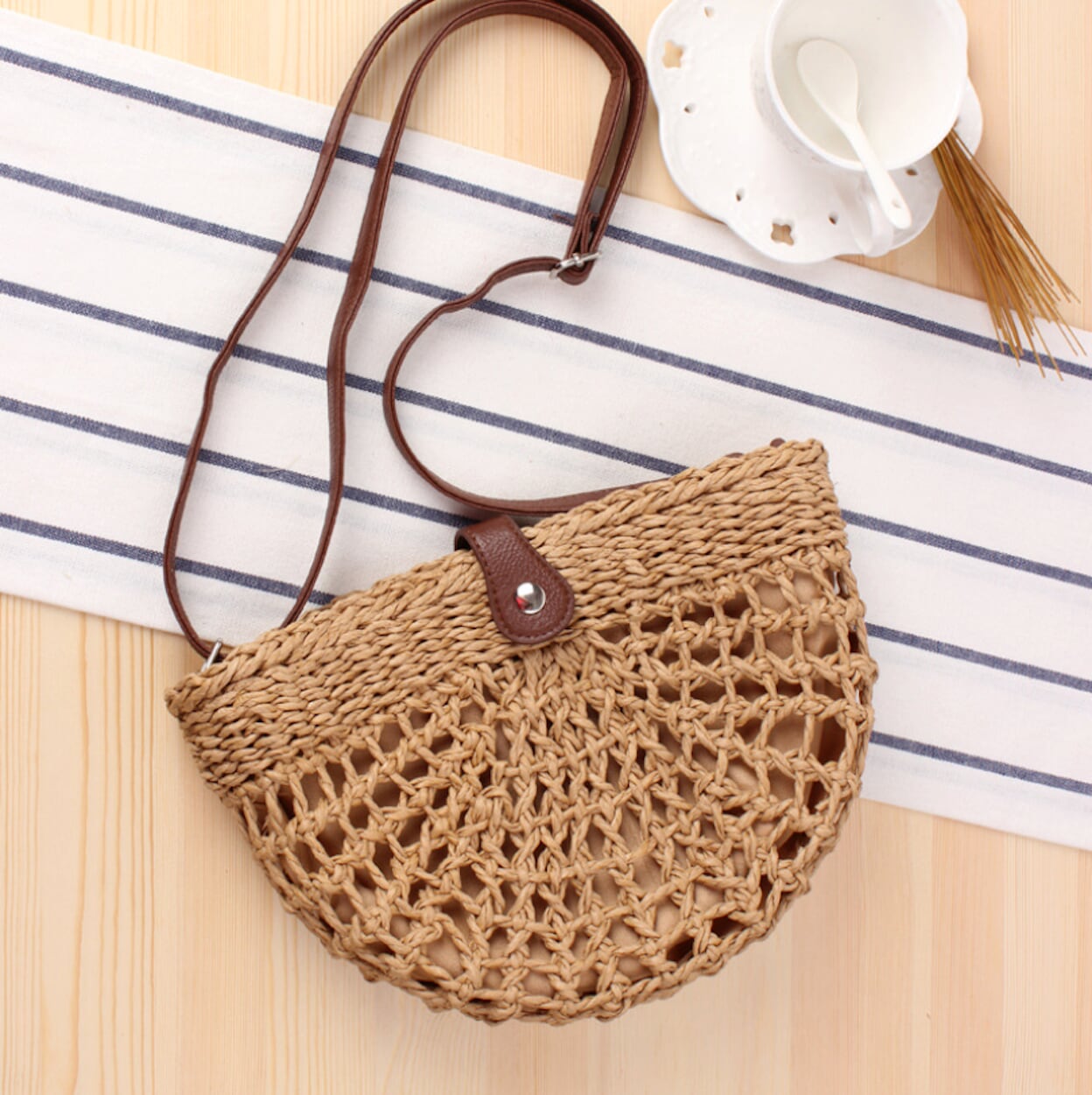 Straw Crossbody Bag with a Half Moon Design