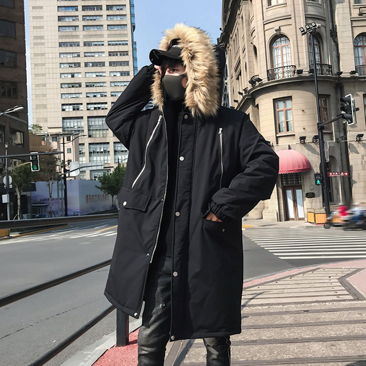 Long Parka Jacket for Men with Faux Fur Hood
