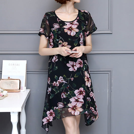 Uneven Short Sleeve Floral Dress for Women