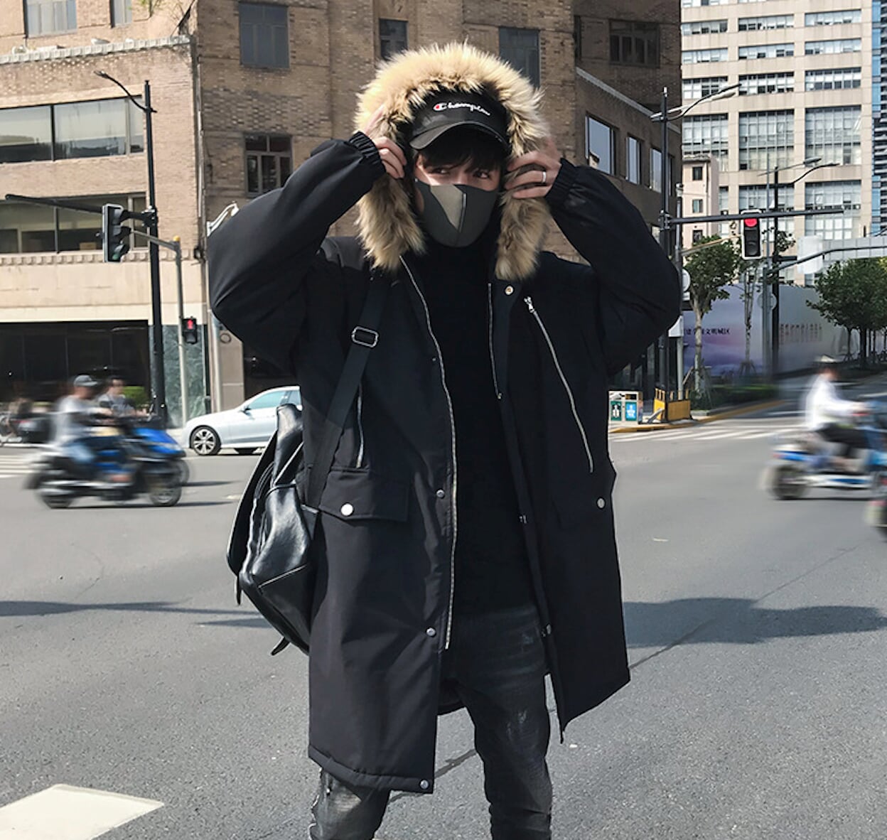 Long Parka Jacket for Men with Faux Fur Hood