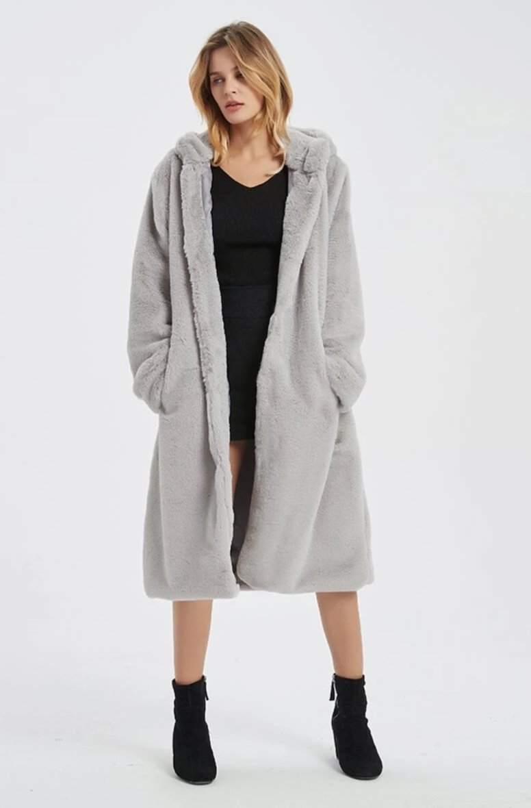 Faux Fur Coat for Women with Hood and Pockets