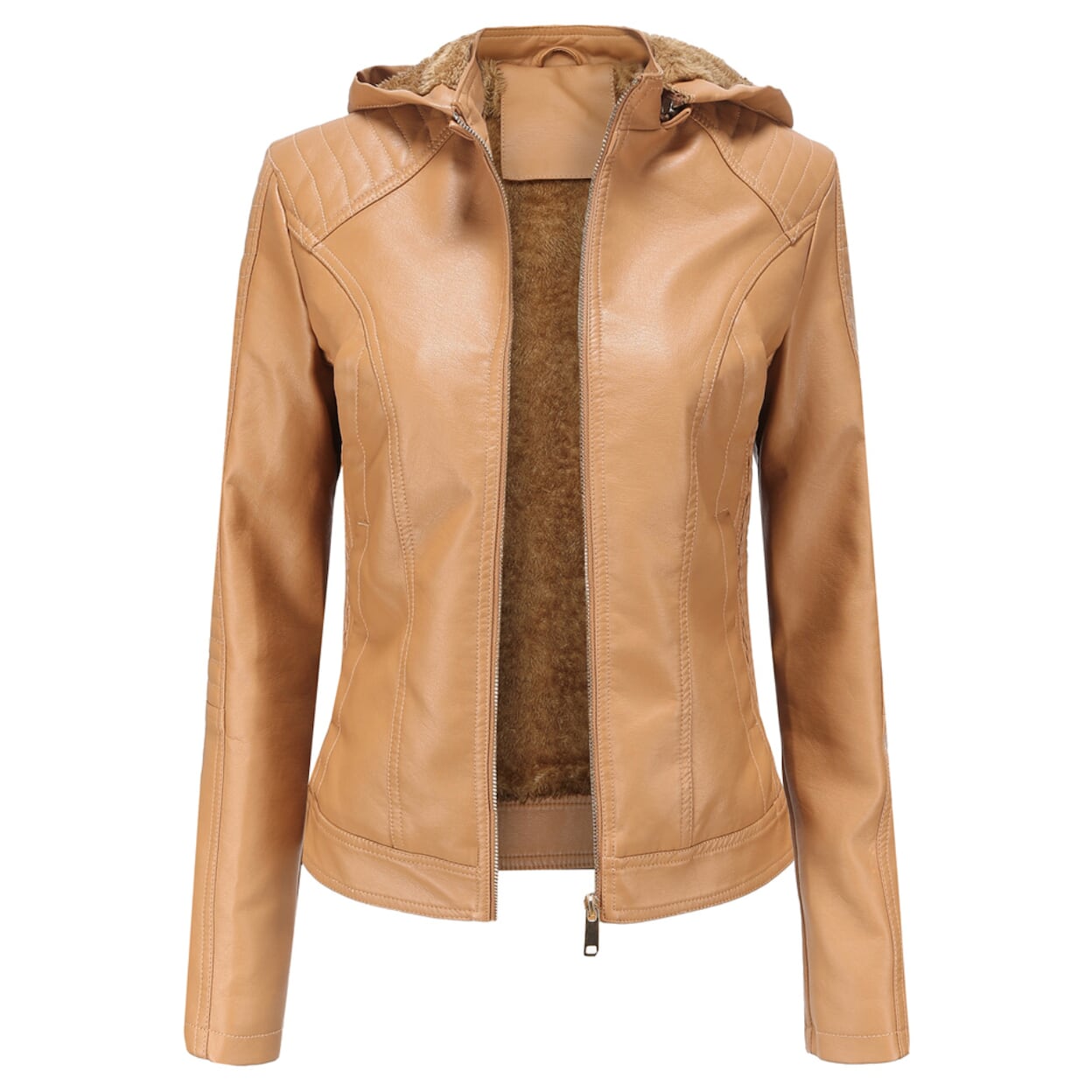 Faux Leather Hooded Jacket with Plush Interior
