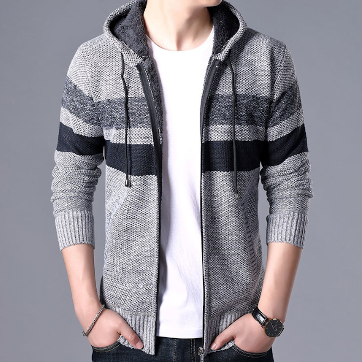 Hooded Men's Striped Knitted Sweater