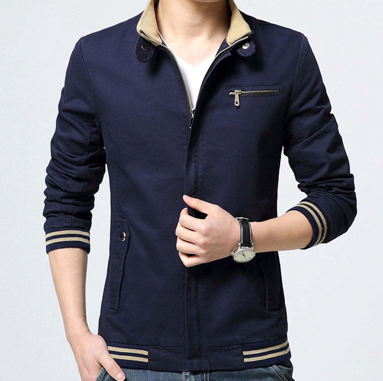 Zippered Jacket with Stand Collar for Men