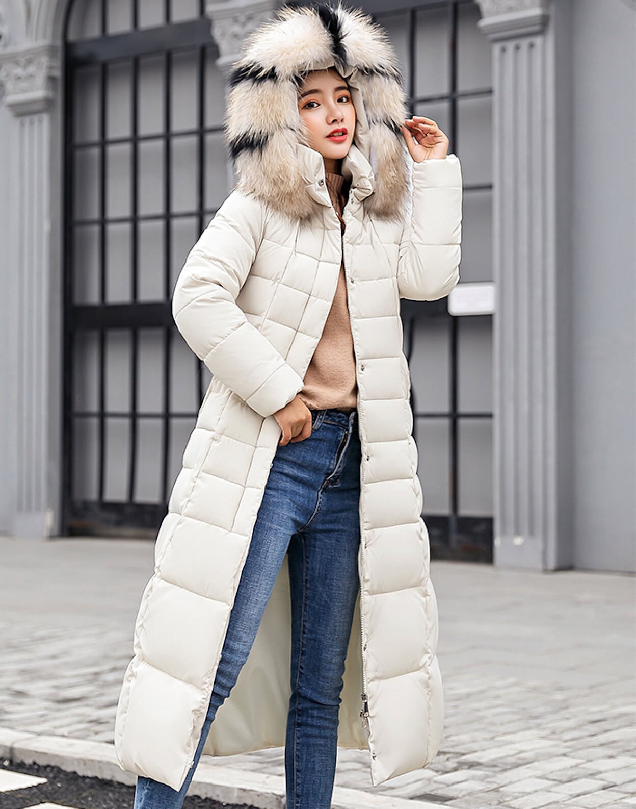 Long Coat for Women with Detachable Faux Fur Hood