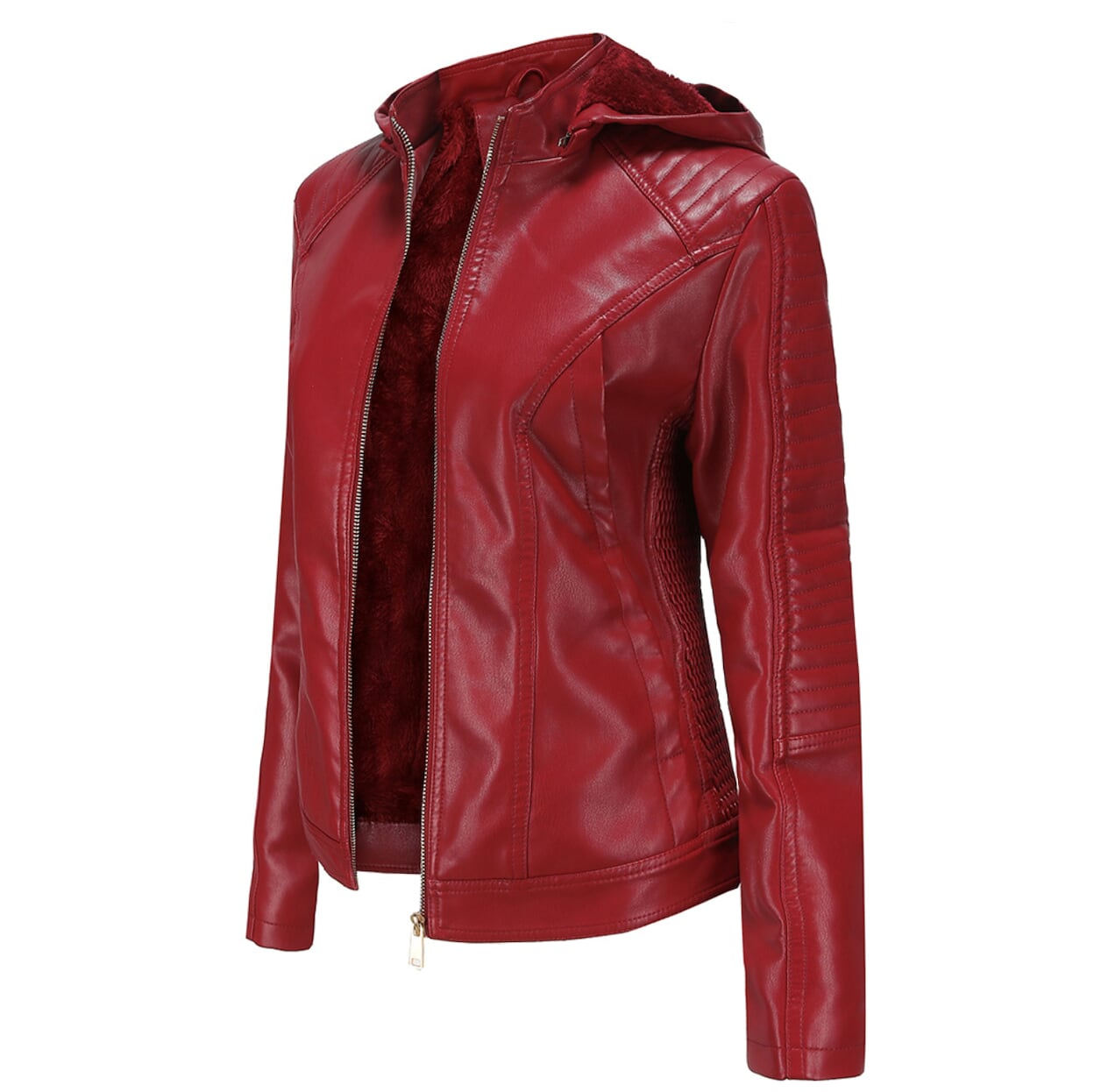 Faux Leather Hooded Jacket with Plush Interior