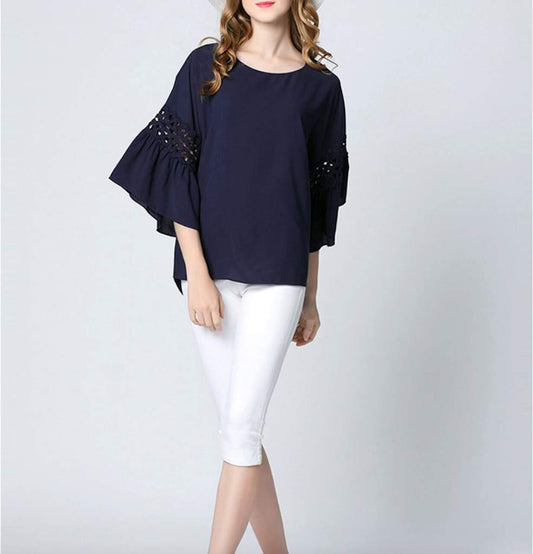 Navy Top with Ruffle Sleeves for Women's Casual Wear