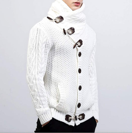 Horn Button Men's Cardigan with Shawl Collar