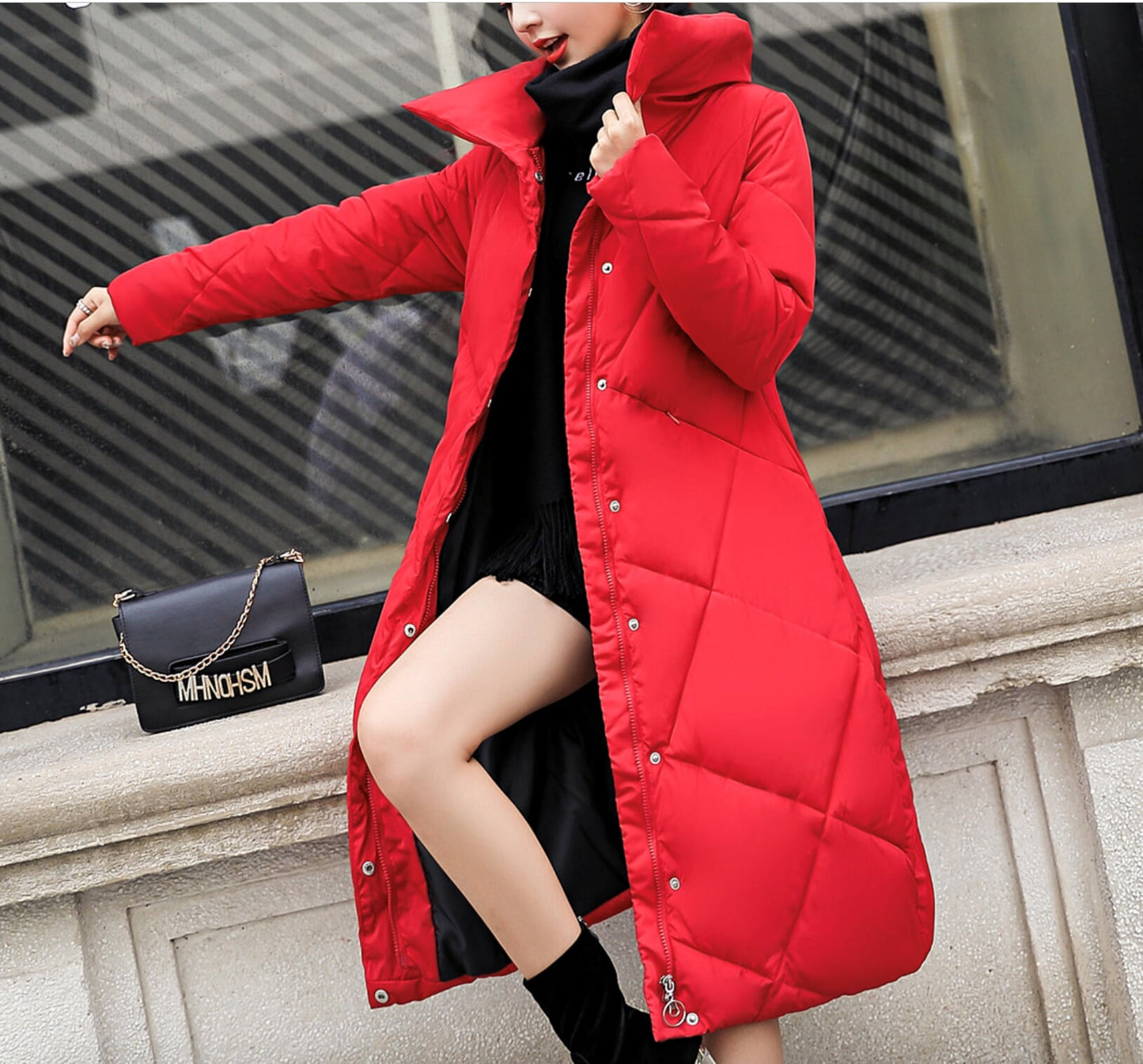 Long Padded Jacket with High Neckline for Women