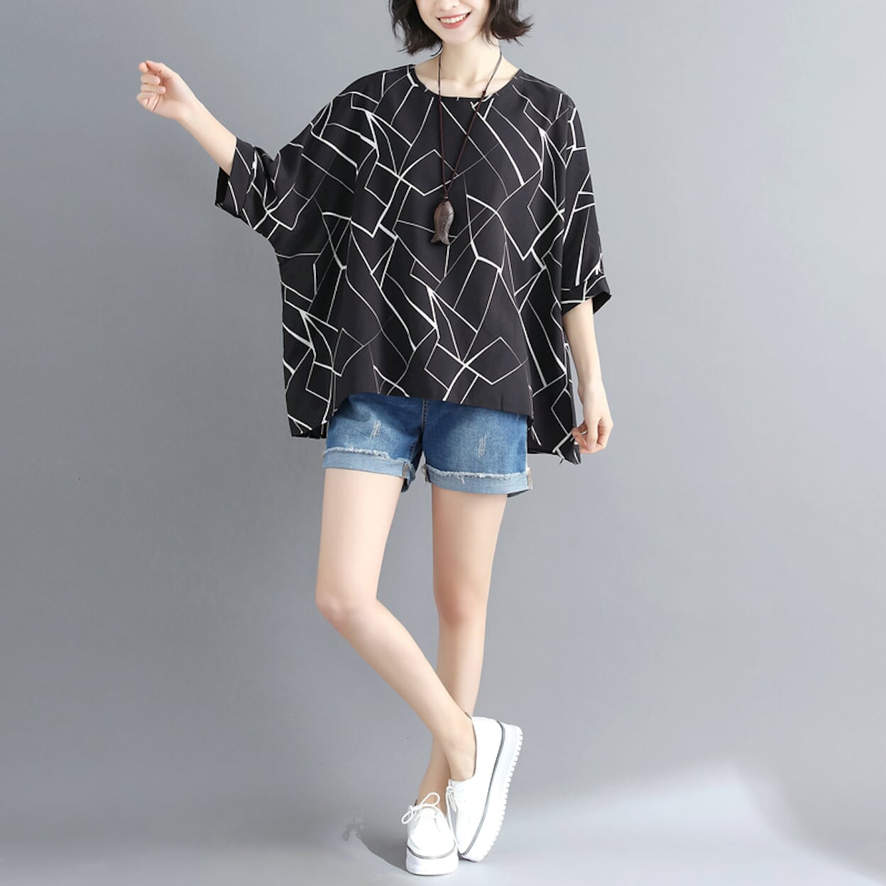 Geo Print Batwing Top for Women