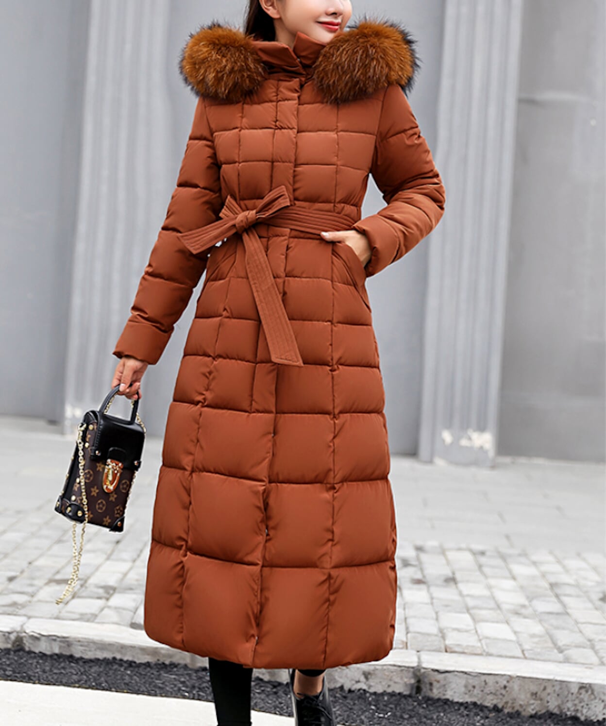 Long Coat for Women with Detachable Faux Fur Hood
