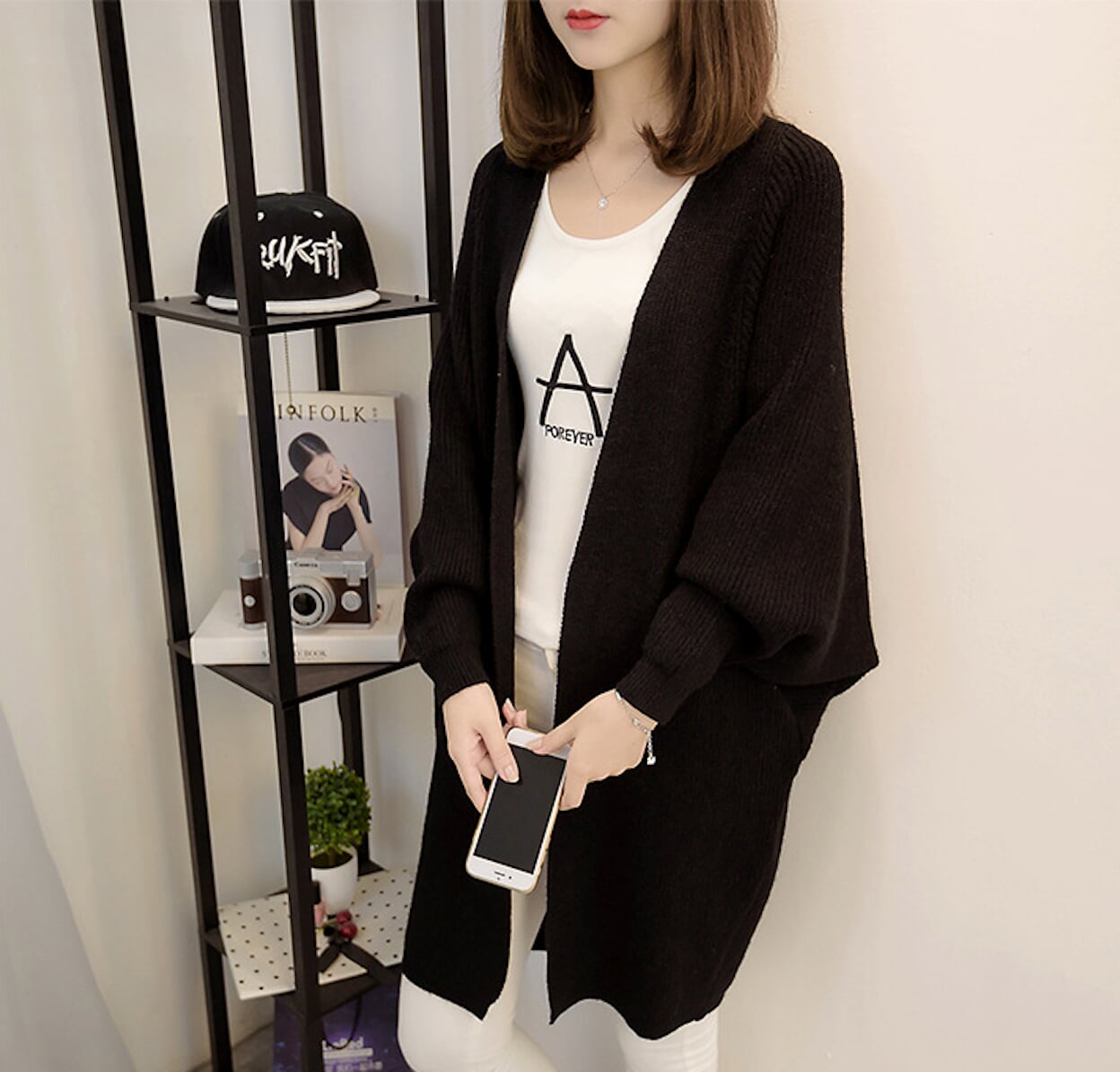 Women's Open Front Cardigan with Mid-Length and Pockets