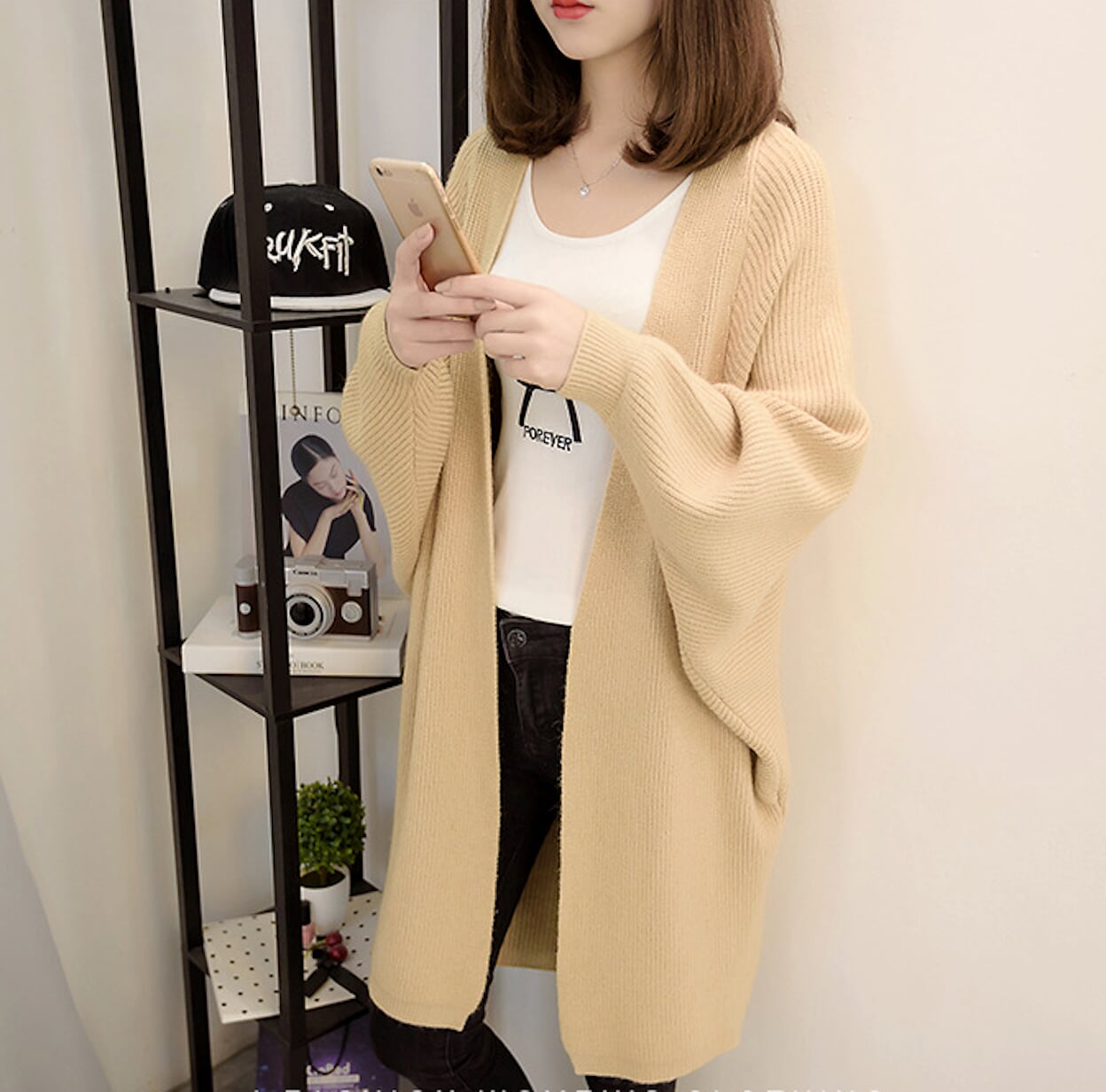 Women's Open Front Cardigan with Mid-Length and Pockets