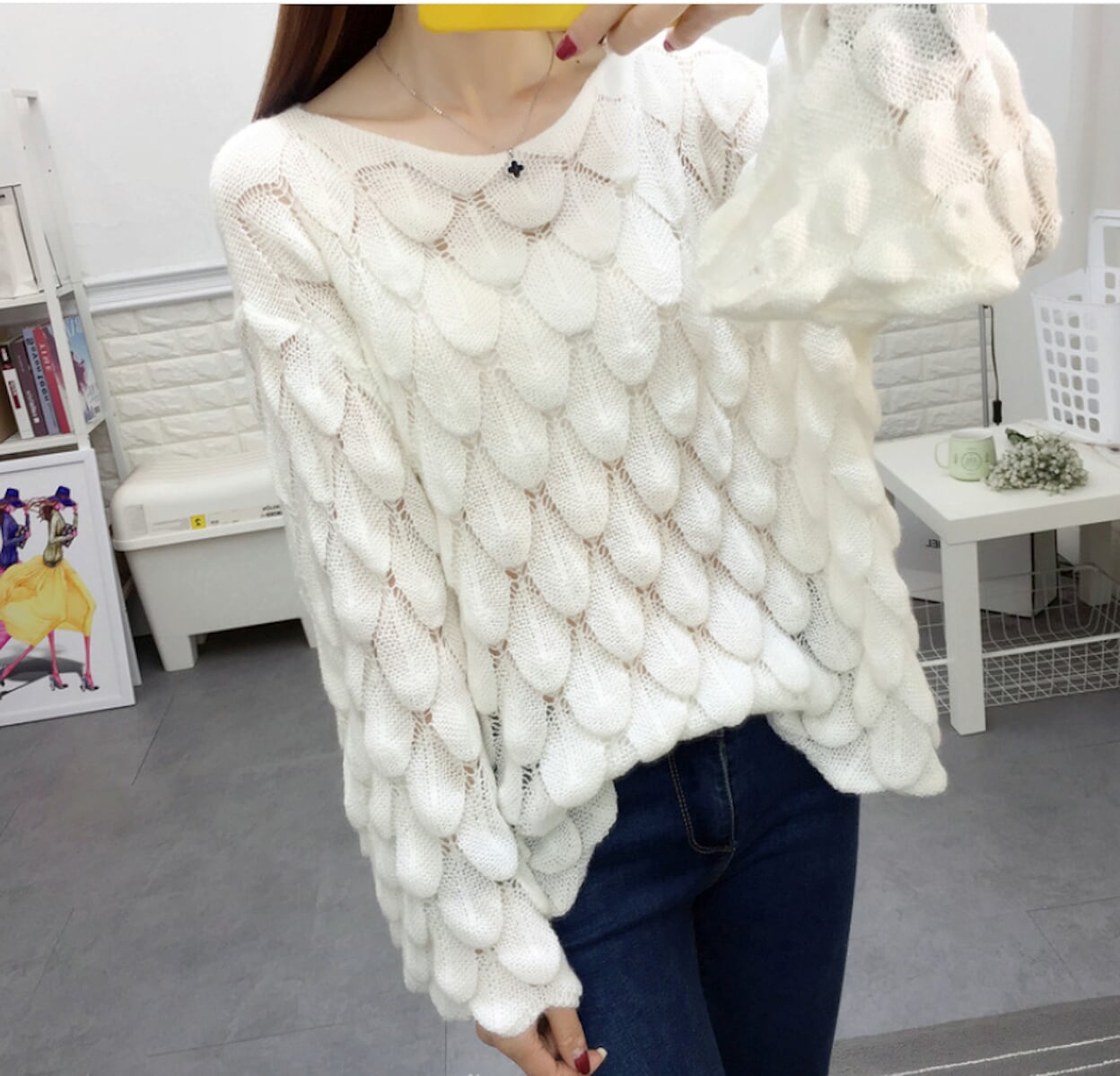 Open Knit Bell Sleeve Blouse for Women
