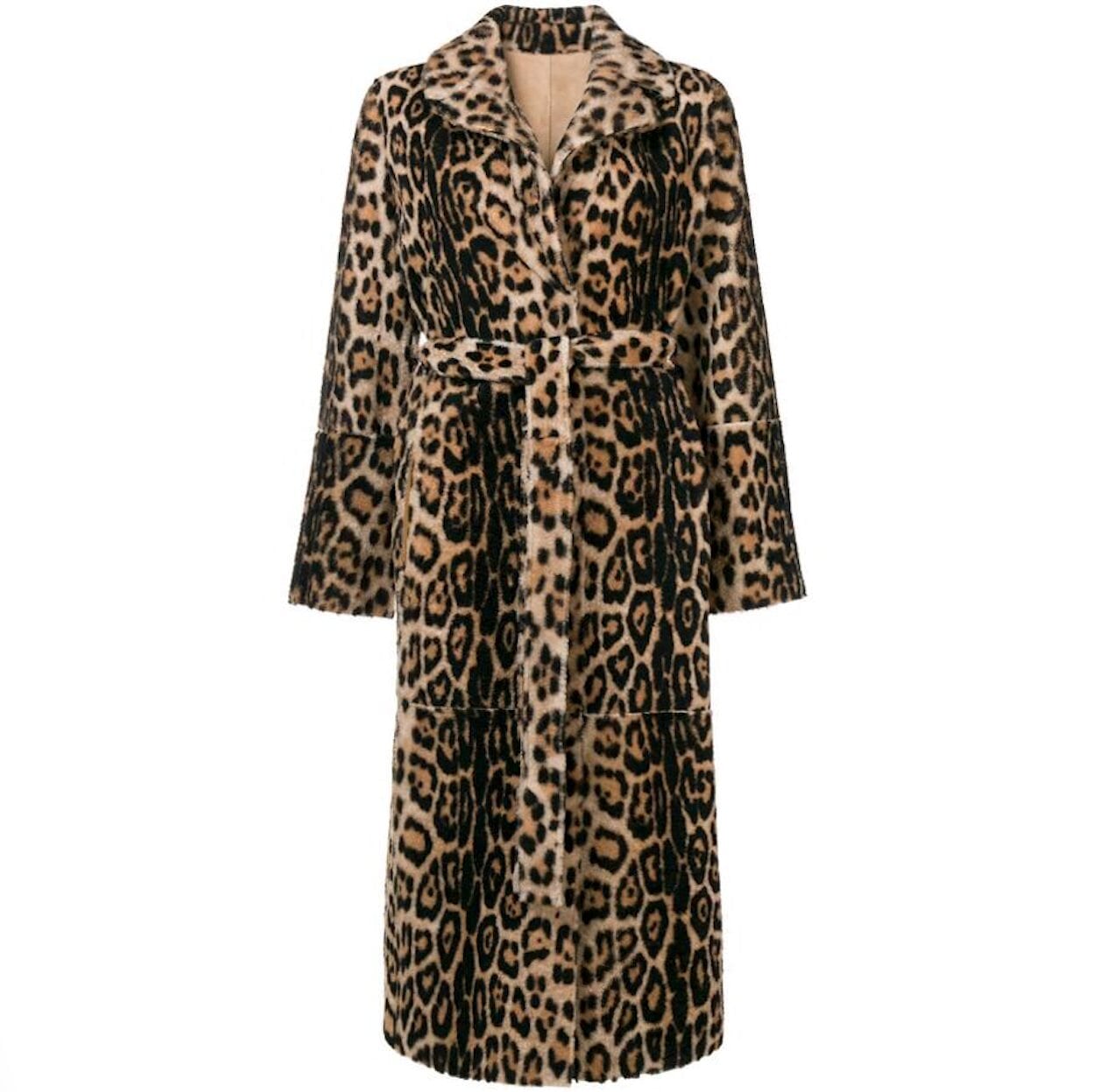 Leopard Print Faux Fur Coat for Women with Cinched Waist