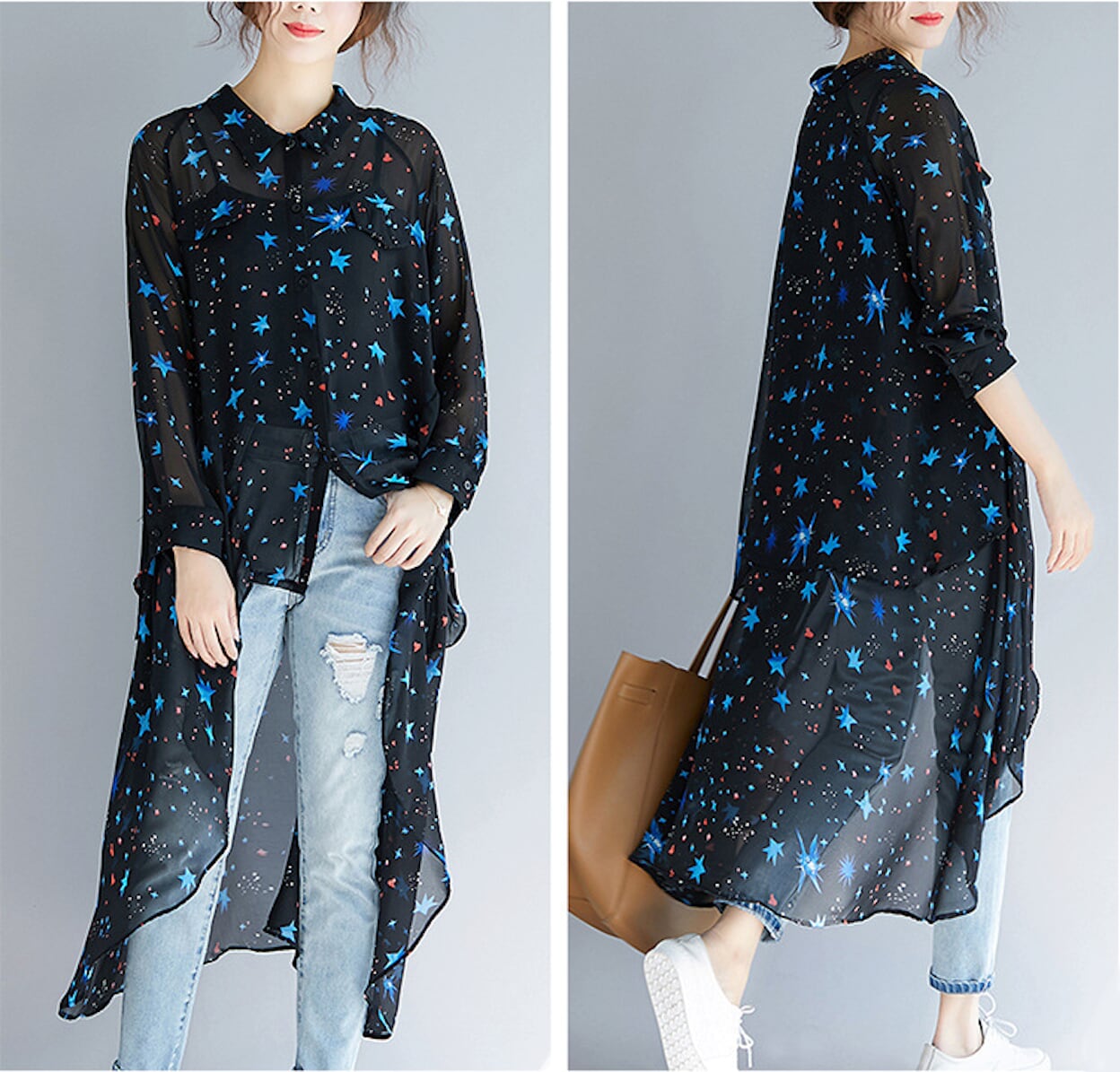 Black Asymmetrical Long Chiffon Top for Women