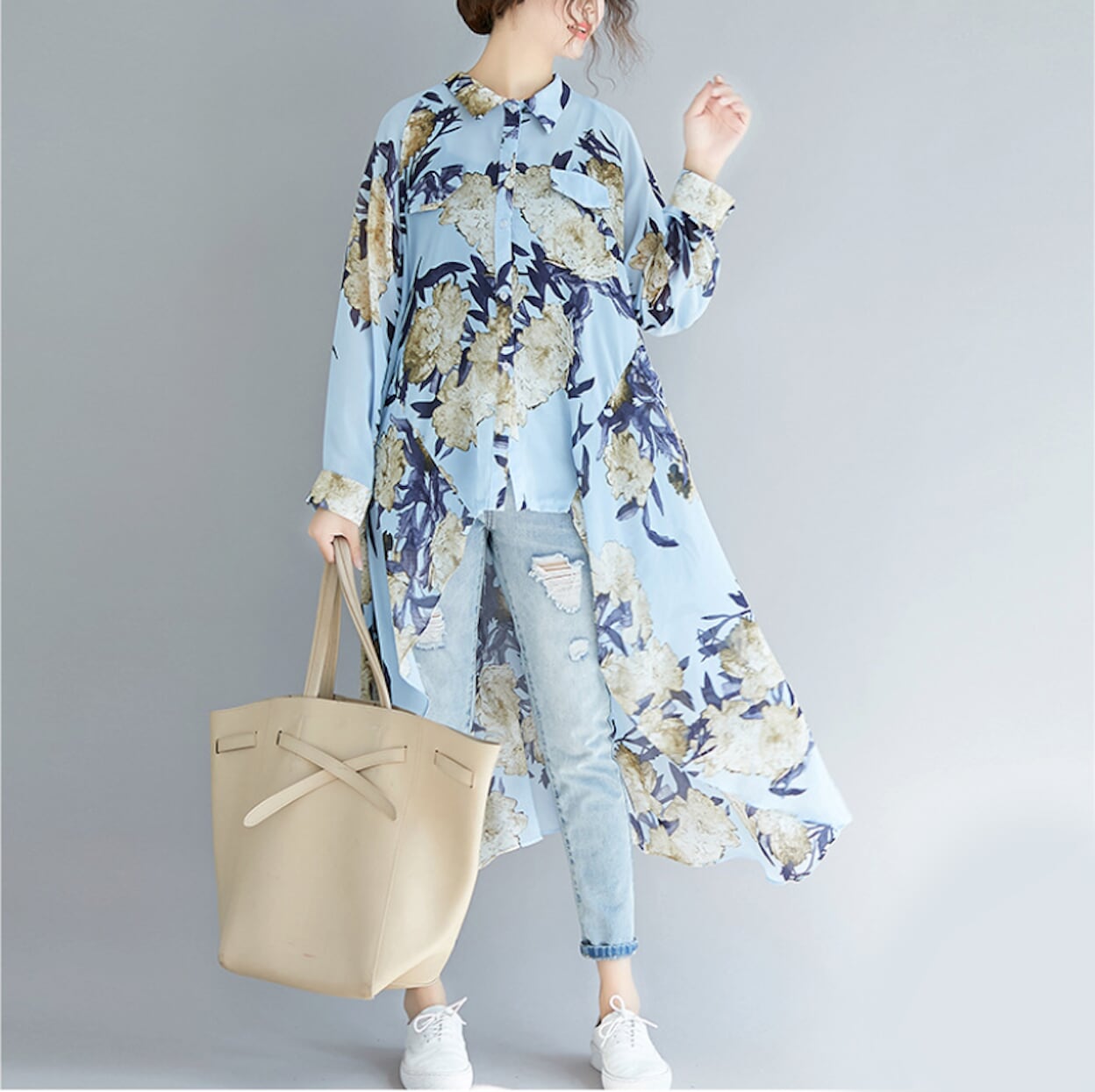 Long Printed Chiffon Blouse for Women with Asymmetric Hem