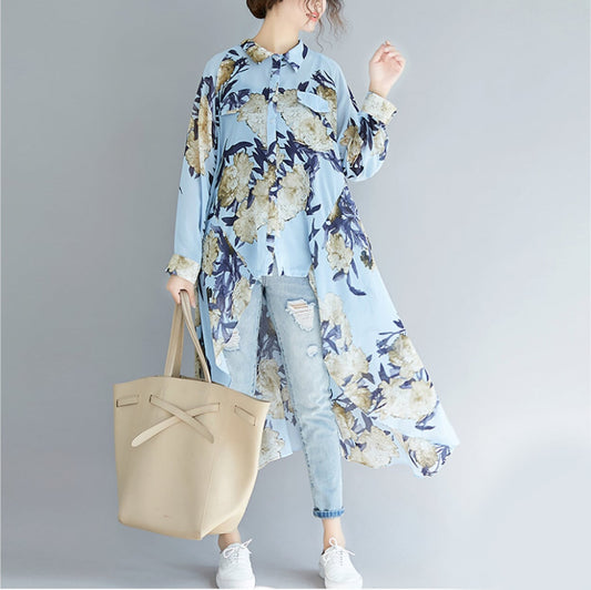 Long Printed Chiffon Blouse for Women with Asymmetric Hem