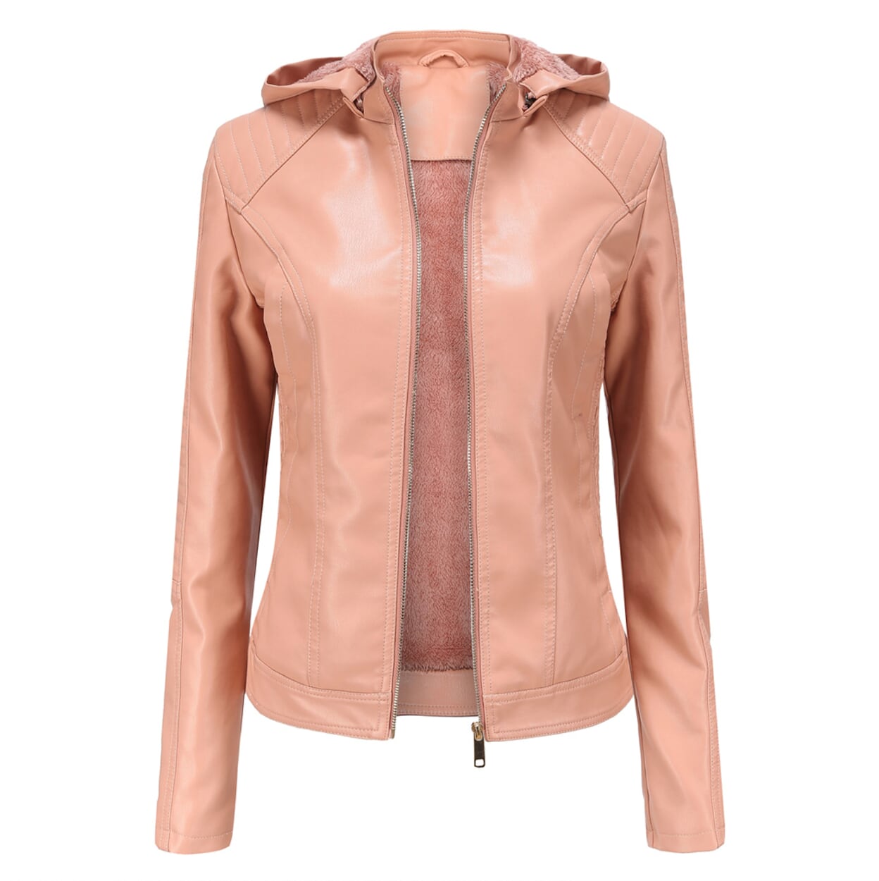 Faux Leather Hooded Jacket with Plush Interior