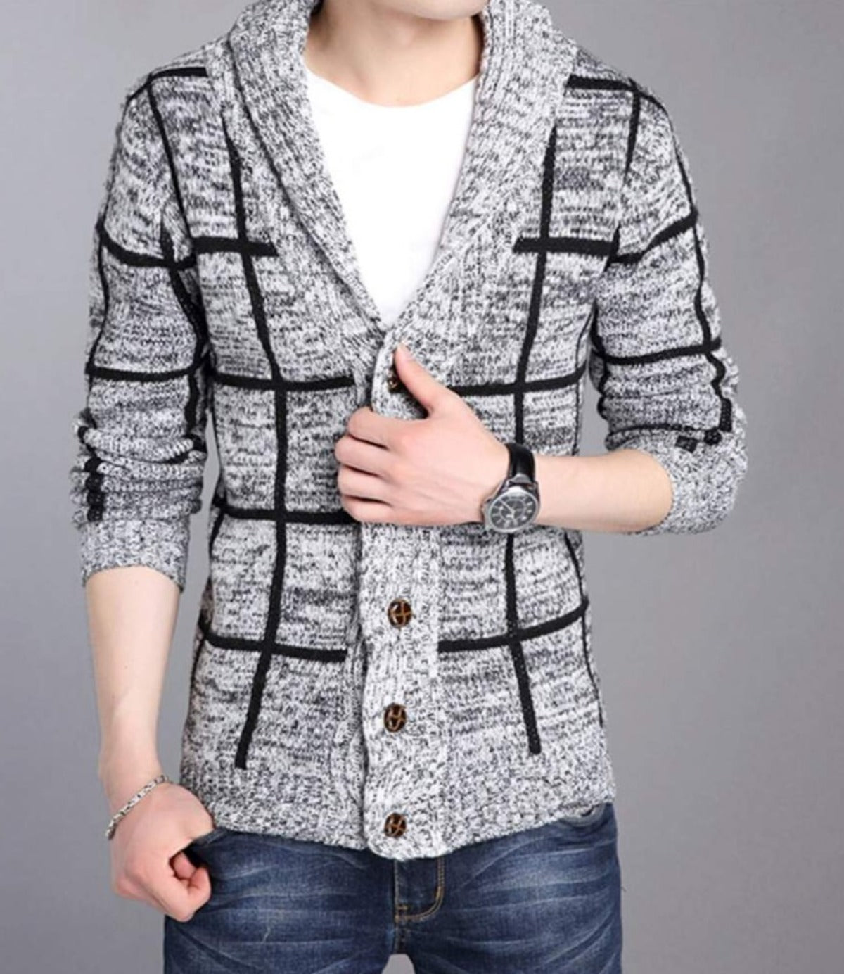 Gray Men's Cardigan with a Shawl Neckline