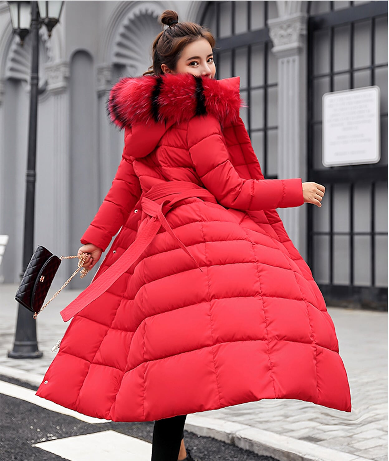 Long Coat for Women with Detachable Faux Fur Hood