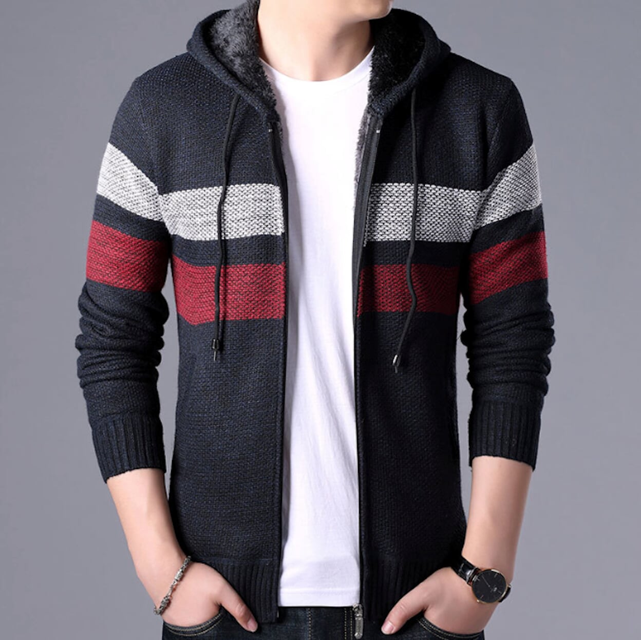 Red Hooded Striped Knit Cardigan for Men