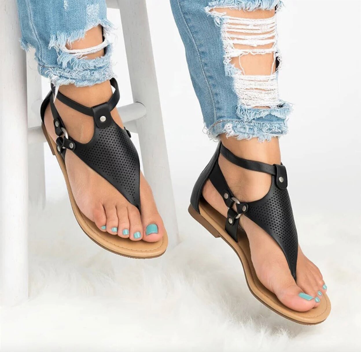 Roman Style Flip Flop Sandals for Women in Faux Leather