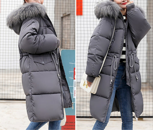 Cinch Waist Puffer Coat with Cozy Hood for Women