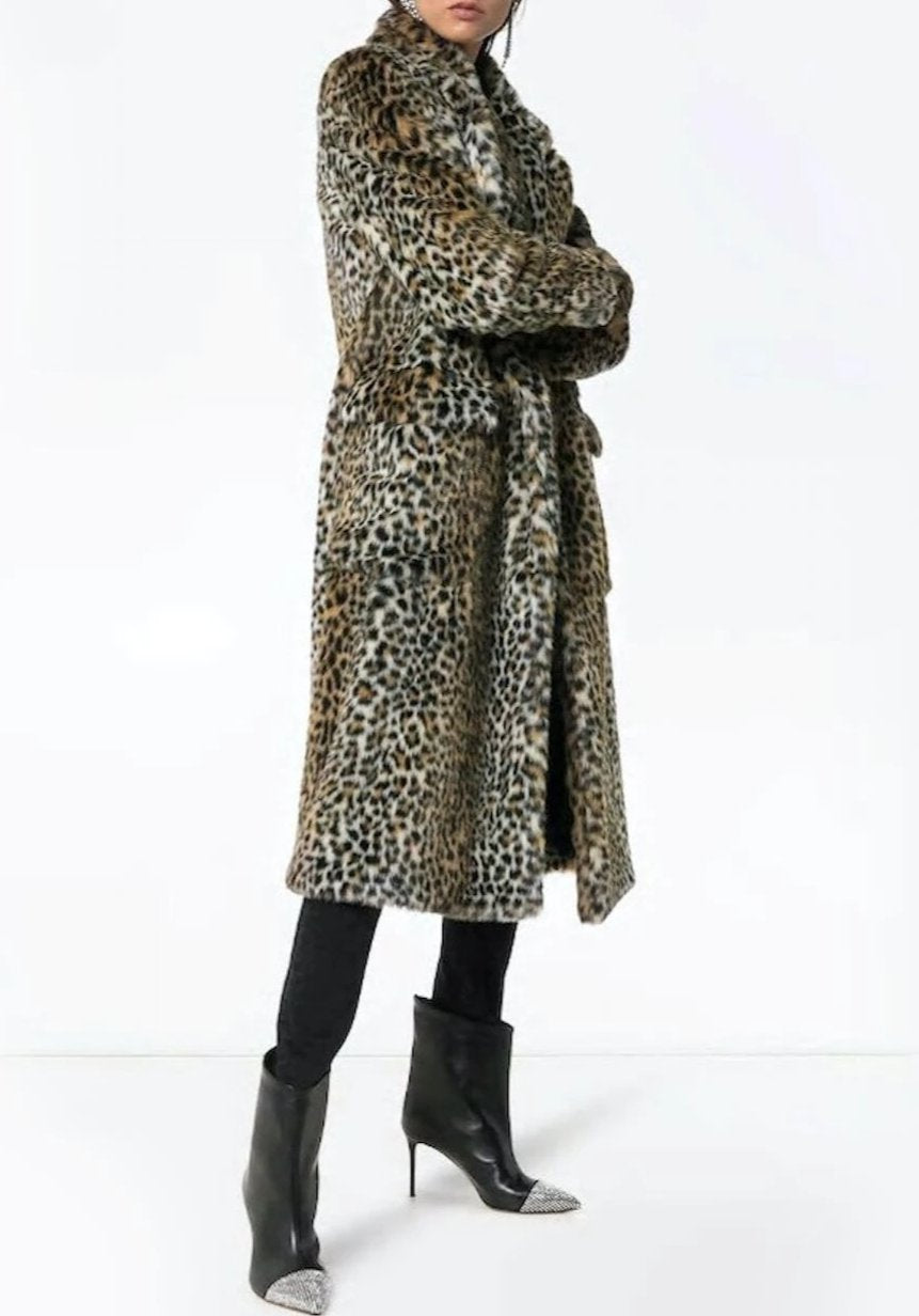 Leopard Print Faux Fur Coat for Women Featuring Convenient Pockets