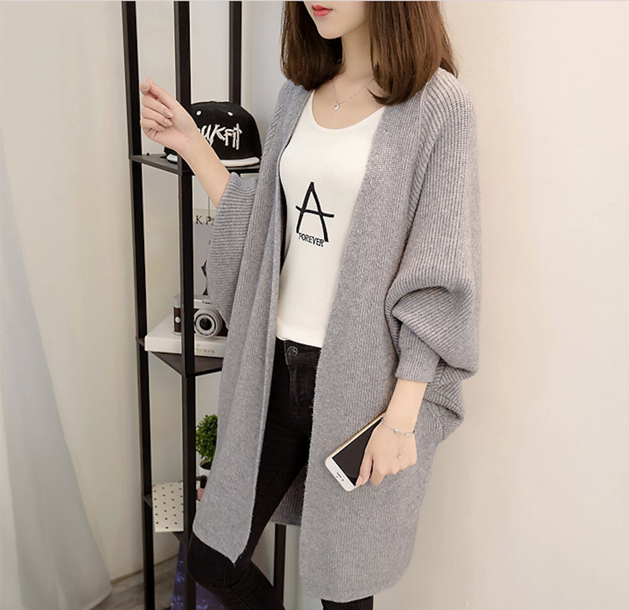 Women's Open Front Cardigan with Mid-Length and Pockets