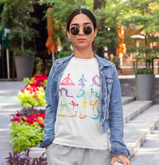 Short Sleeve Tee Featuring Yoga Postures Print