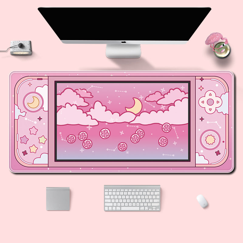 C33-05 Moon and Stars Large Desk Mat Kawaii Aesthetic Mouse Pad Cute Sky Art pink