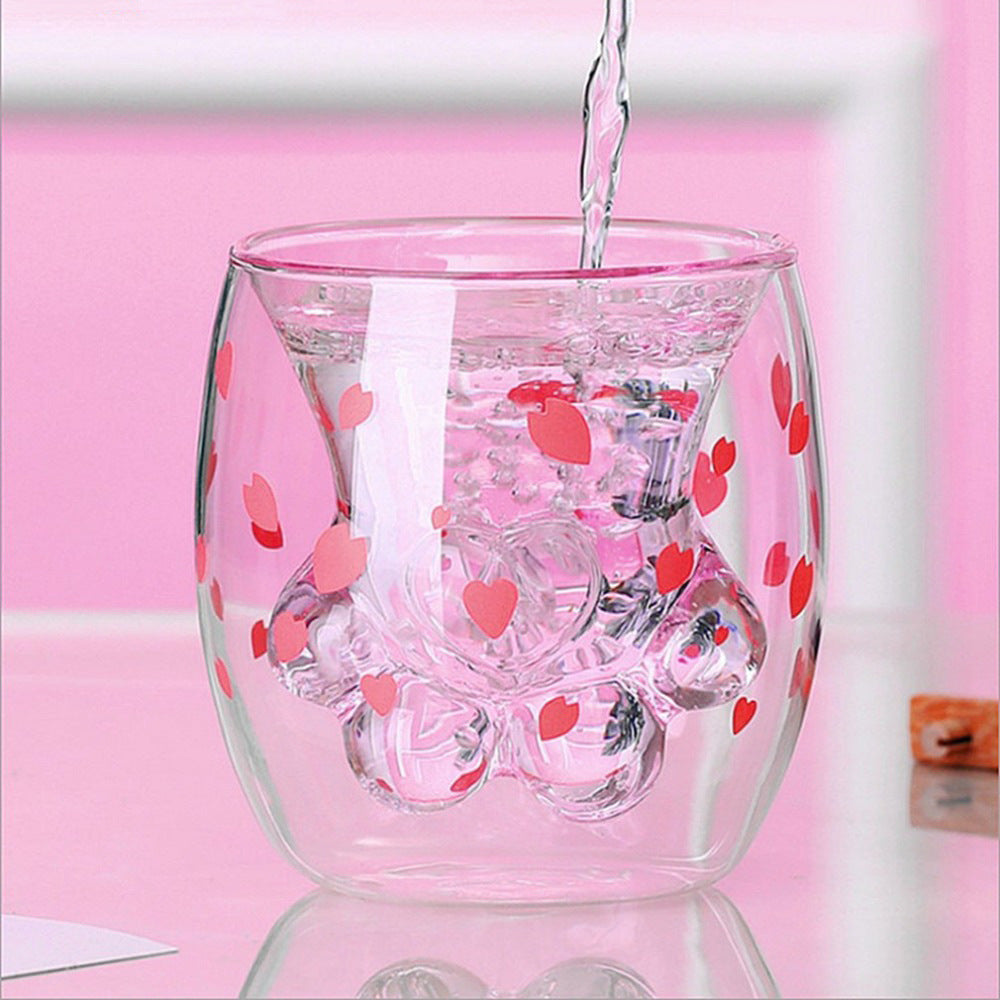 Cat Paw Cherry Blossom Cup Cute Sakura Double Wall Glass Cups (3)