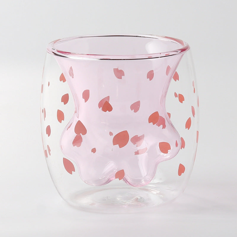Cat Paw Cherry Blossom Cup Cute Sakura Double Wall Glass Cups (4)