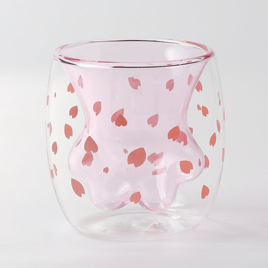 Cat Paw Cherry Blossom Cup Cute Sakura Double Wall Glass Cups (4)