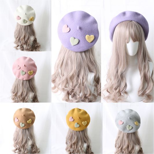 Heart-Patterned Kawaii Beret Hat