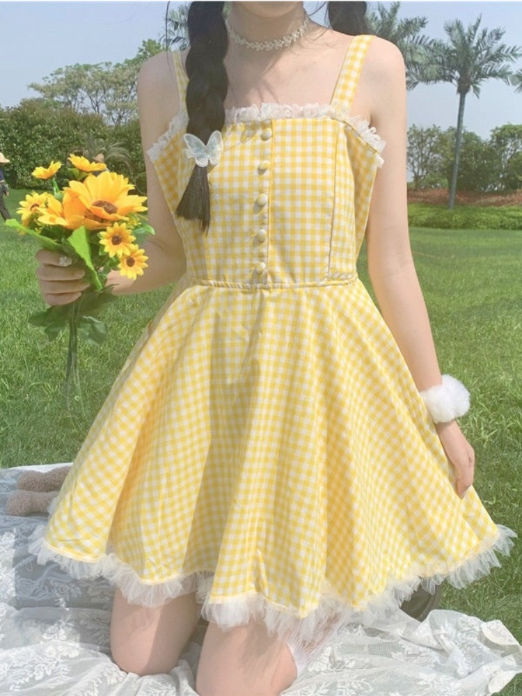 Cheerful Yellow Plaid Mini Dress