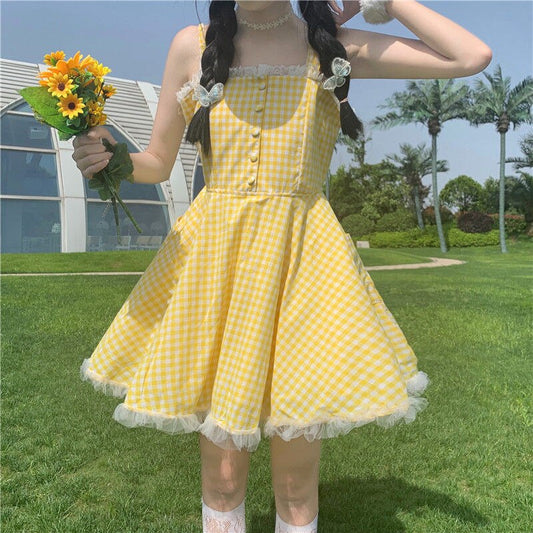 Cheerful Yellow Plaid Mini Dress