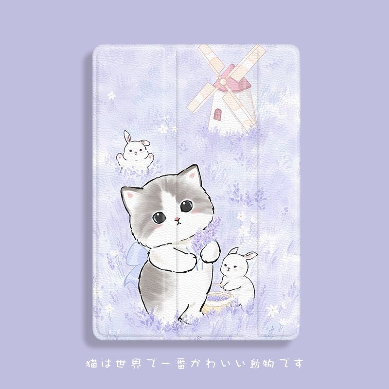 Kawaii Cat & Lavender iPad Case
