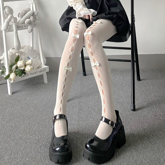 Kawaii Cutout Bow Pantyhose - Nylon Material