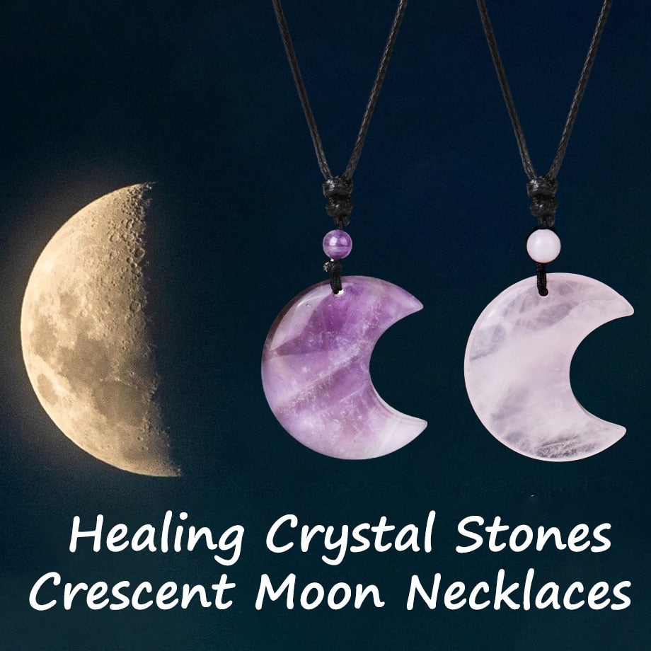 Crescent Moon Crystal Necklace with Natural Stone