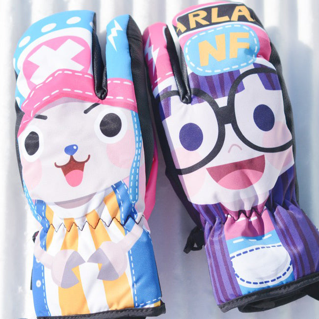 Waterproof Cute Ski Gloves Cartoon Kawaii Snowboard Mittens with Wrist Straps Cute Snow Gloves (2)