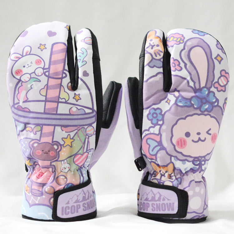 Waterproof Cute Ski Gloves Cartoon Kawaii Snowboard Mittens with Wrist Straps Cute Snow Gloves (6)