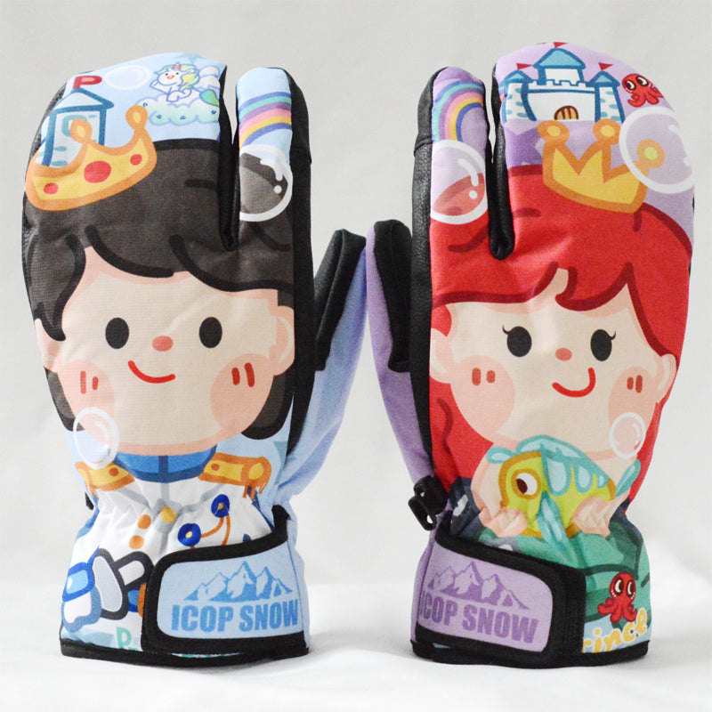 Waterproof Cute Ski Gloves Cartoon Kawaii Snowboard Mittens with Wrist Straps Cute Snow Gloves (8)