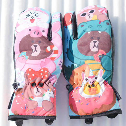 Waterproof Cute Ski Gloves Cartoon Kawaii Snowboard Mittens with Wrist Straps Cute Snow Gloves (9)